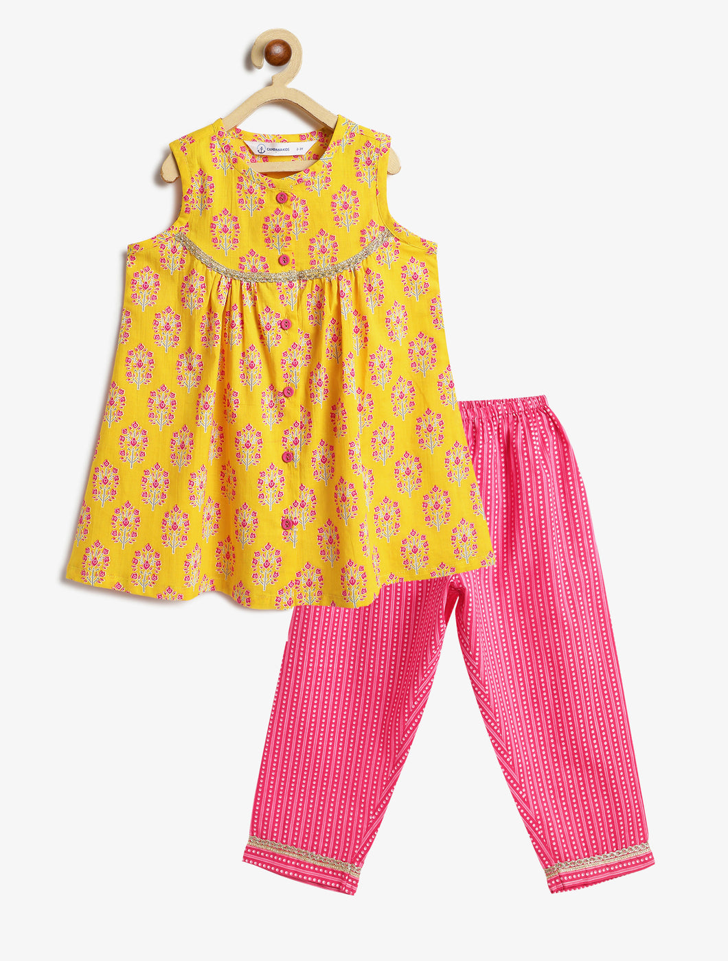 Campana Girls Revathi Cotton Kurti Pants Set - Block Print & Stripes - Yellow & Pink