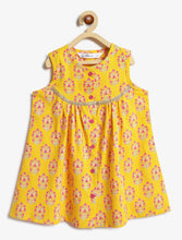 Load image into Gallery viewer, Campana Girls Revathi Cotton Kurti Pants Set - Block Print &amp; Stripes - Yellow &amp; Pink

