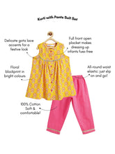 Load image into Gallery viewer, Campana Girls Revathi Cotton Kurti Pants Set - Block Print &amp; Stripes - Yellow &amp; Pink
