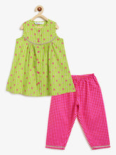 Load image into Gallery viewer, Campana Girls Revathi Pure Cotton Floral String Printed Kurti Pants Set - Light Green &amp; Pink
