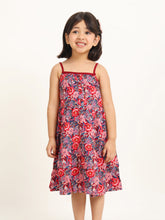 Load image into Gallery viewer, Campana Girls Myra Midi Length Dress - Festive Roses Print - Red &amp; Blue
