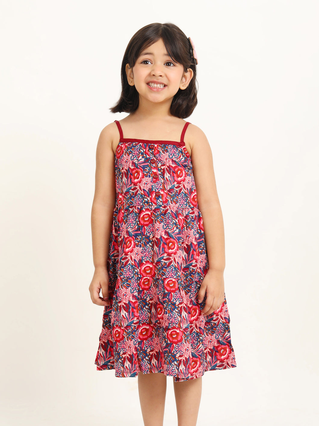 Campana Girls Myra Midi Length Dress - Festive Roses Print - Red & Blue