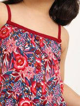 Load image into Gallery viewer, Campana Girls Myra Midi Length Dress - Festive Roses Print - Red &amp; Blue
