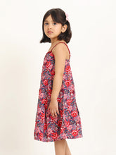 Load image into Gallery viewer, Campana Girls Myra Midi Length Dress - Festive Roses Print - Red &amp; Blue
