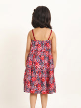 Load image into Gallery viewer, Campana Girls Myra Midi Length Dress - Festive Roses Print - Red &amp; Blue
