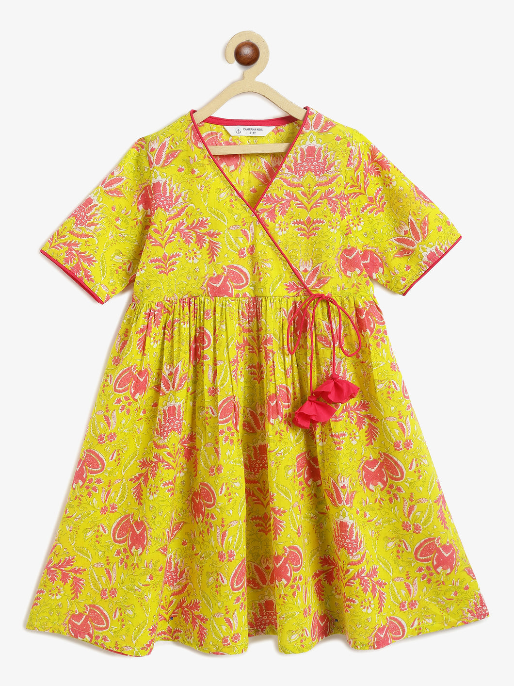 Campana Girls Nihira Flared Kurti - Floral Print - Lime Green & Magenta