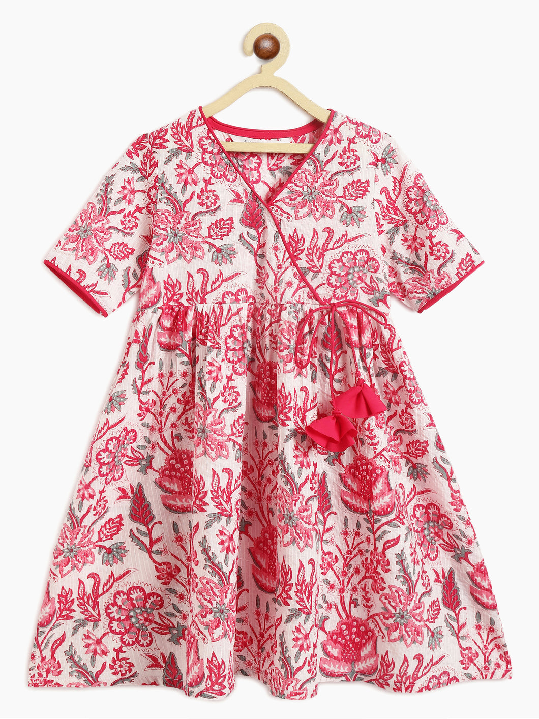 Campana Girls Nihira Flared Kurta - Kantha Floral Print - White & Magenta