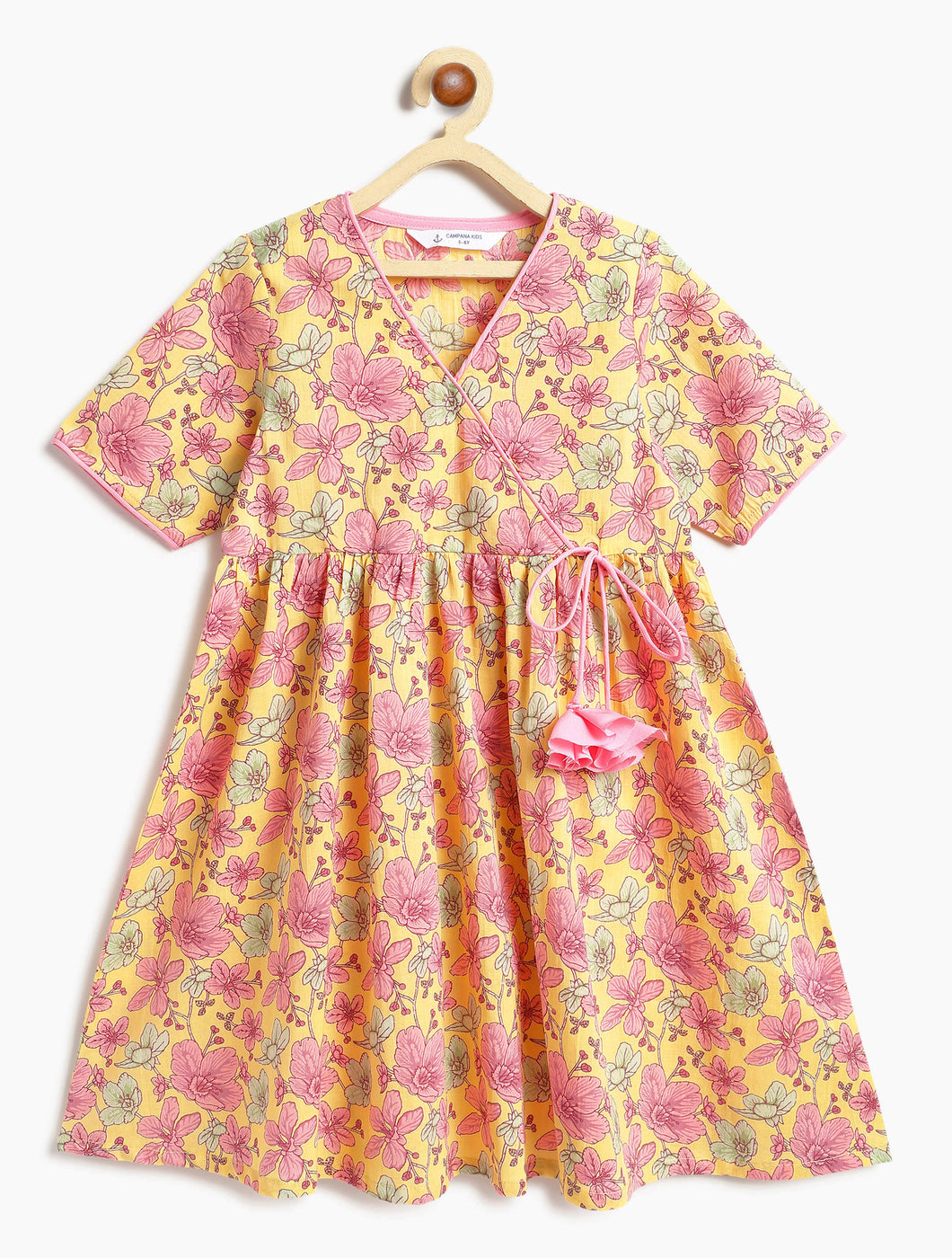 Campana Girls Nihira Cotton Kurta - Seamless Floral Print - Yellow & Pink