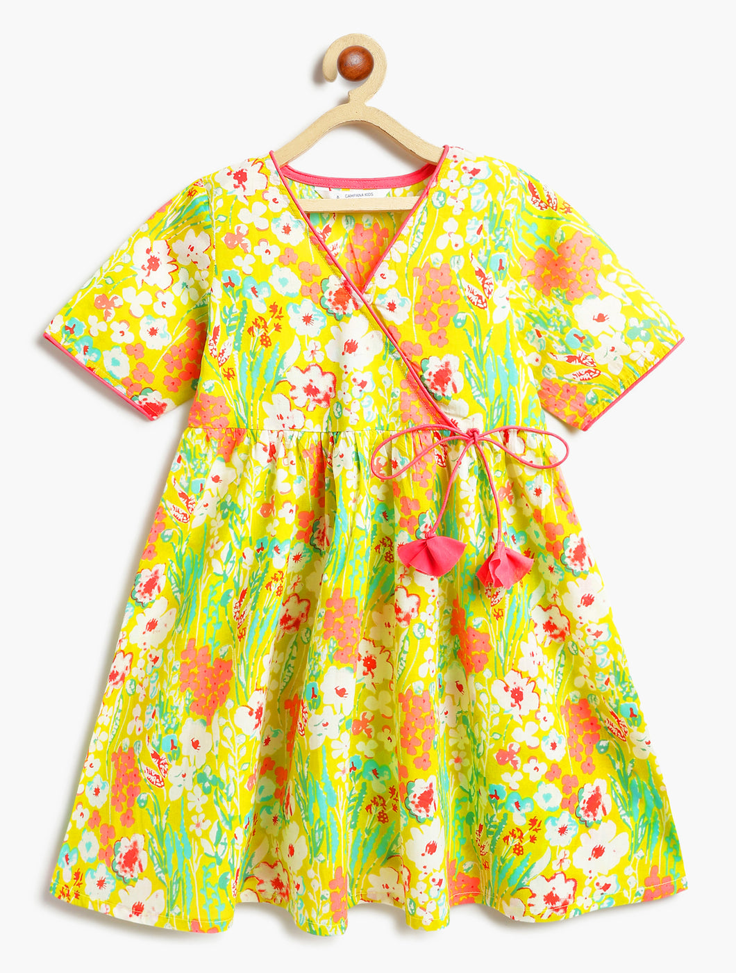 Campana Girls Nihira Flared Cotton Kurta - Floral Garden Print - Lime Green & Multicolour