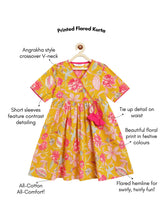 Load image into Gallery viewer, Campana Girls Nihira Pure Cotton Seamless Floral Print Kurta - Mustard Yellow &amp; Pink
