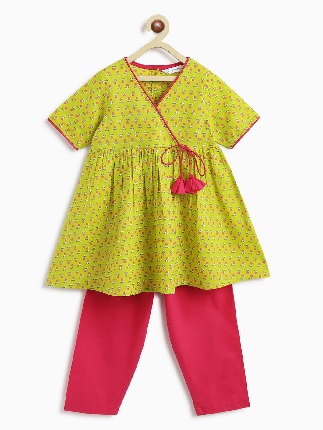 Campana Girls Nihira Kurti with Pants Set - Small Flower Print - Lime Green & Magenta