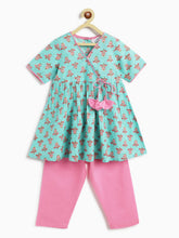 Load image into Gallery viewer, Girls Nihira Kurti with Pants Set - Flower Bud Print - Sky Blue &amp; Pink
