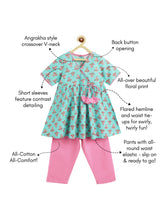 Load image into Gallery viewer, Girls Nihira Kurti with Pants Set - Flower Bud Print - Sky Blue &amp; Pink
