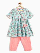 Load image into Gallery viewer, Campana Girls Nihira Kurti with Pants Set - Floral Print - Light Blue &amp; Peach
