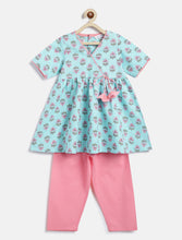 Load image into Gallery viewer, Campana Girls Nihira Kurti with Pants Set - Floral Blockprint - Blue &amp; Pink
