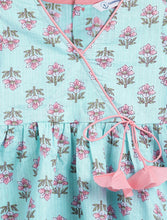 Load image into Gallery viewer, Campana Girls Nihira Kurti with Pants Set - Floral Blockprint - Blue &amp; Pink
