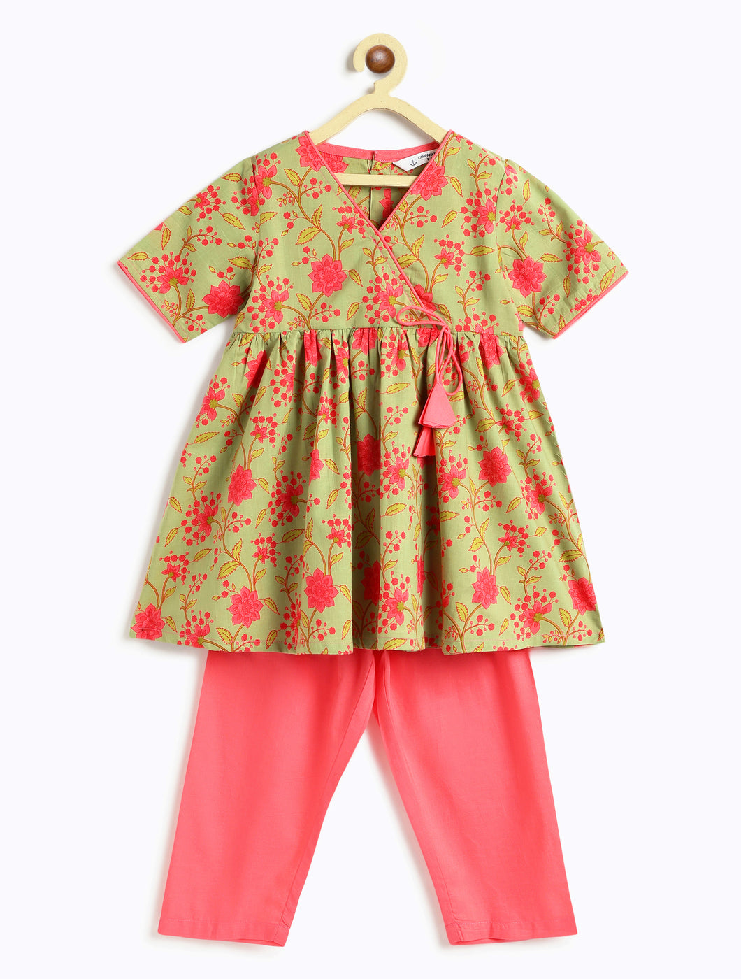 Campana Girls Nihira Floral Printed Kurta Pants Set - Green & Peach