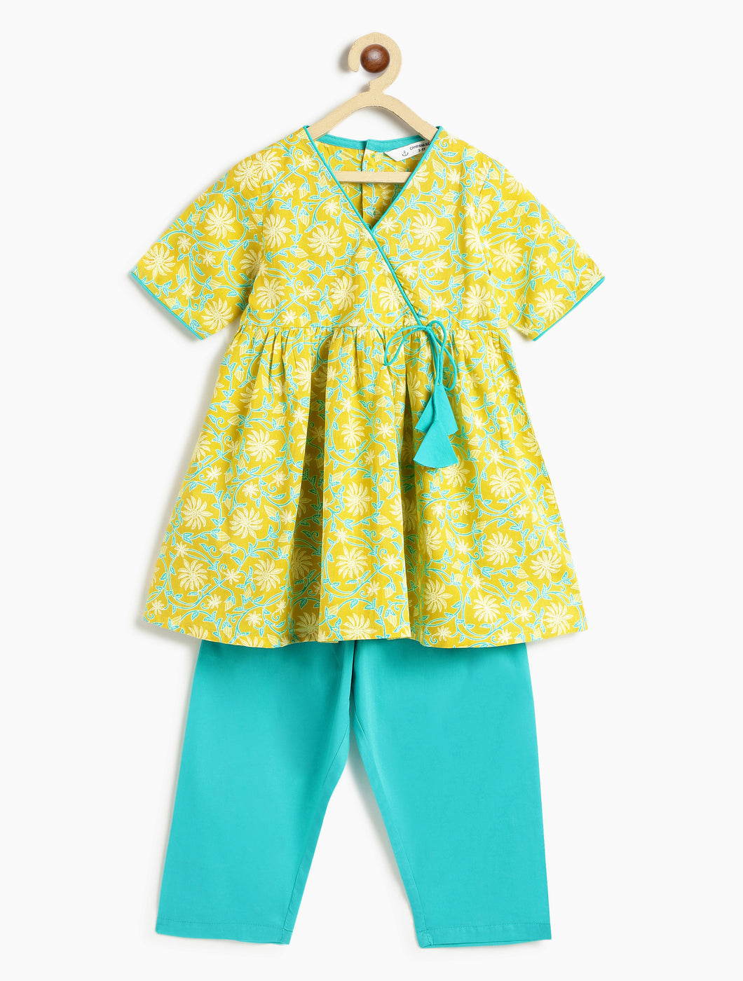 Campana Girls Nihira Floral Printed Kurta Pants Set - Lime & Turquoise Blue