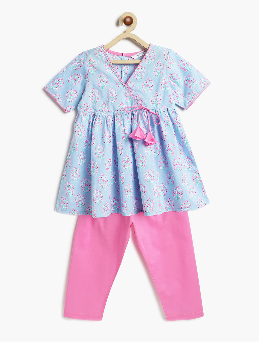 Campana Girls Nihira Cotton Floral Kurta Pants Set - Purple & Pink