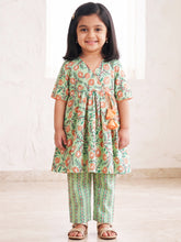 Load image into Gallery viewer, Campana Girls Nihira Pure Cotton Anaar Print Kurta with Pants Set - Sea Green &amp; Peach
