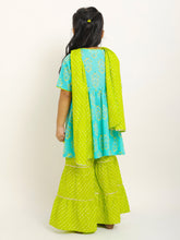 Load image into Gallery viewer, Campana Girls Nihira Sharara Set with Printed Dupatta - Blockprint &amp; Leheriya - Turquoise and Lime Green
