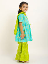 Load image into Gallery viewer, Campana Girls Nihira Sharara Set with Printed Dupatta - Blockprint &amp; Leheriya - Turquoise and Lime Green
