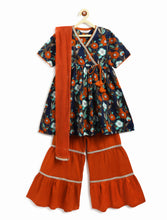 Load image into Gallery viewer, Campana Girls Nihira Floral Printed Cotton Kurta Sharara &amp; Dupatta Set - Navy &amp; Rust
