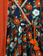 Load image into Gallery viewer, Campana Girls Nihira Floral Printed Cotton Kurta Sharara &amp; Dupatta Set - Navy &amp; Rust
