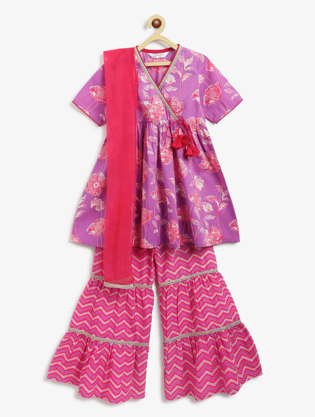 Campana Girls Nihira Floral Printed Cotton Kurta Sharara & Dupatta Set - Purple & Pink