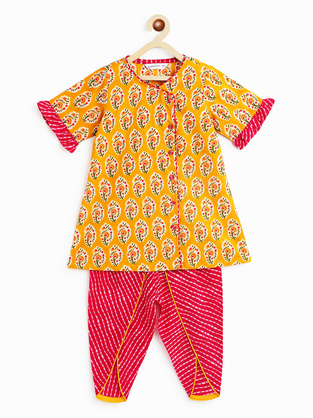 Campana Girls Himani Kurta with Dhoti Pants - Paisley Block Print - Yellow & Magenta