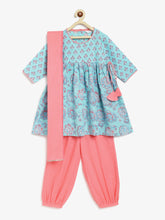 Load image into Gallery viewer, Campana Girls Ragini Kurta with Afghani Pants &amp; Dupatta - Blue &amp; Peach
