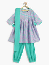 Load image into Gallery viewer, Campana Girls Ragini Kurta with Afghani Pants &amp; Dupatta - Purple &amp; Sea Green
