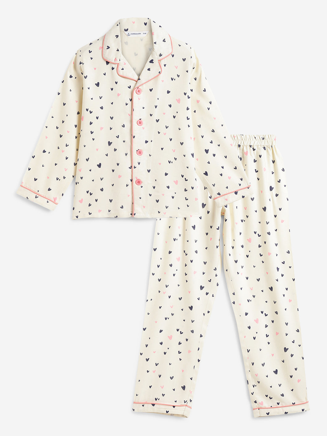 Campana Girls Rayon Full Sleeves Nightsuit - Little Hearts Print - White & Pink