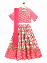 Load image into Gallery viewer, Campana Girls Heera Frilly Lehenga with Angrakha Choli &amp; Dupatta Set - Paisley &amp; Flowers - Pink
