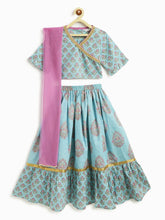 Load image into Gallery viewer, Campana Girls Heera Lehenga with Angrakha Choli &amp; Dupatta Set - Flower &amp; Buta Print - Blue &amp; Purple
