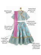 Load image into Gallery viewer, Campana Girls Heera Lehenga with Angrakha Choli &amp; Dupatta Set - Flower &amp; Buta Print - Blue &amp; Purple
