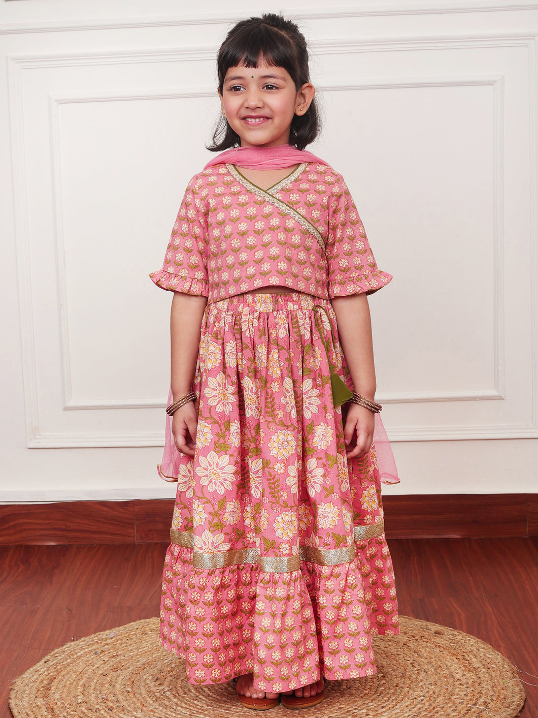 Campana Girls Heera Lehenga Set - Floral Jaal & Block Print - Dusty Pink