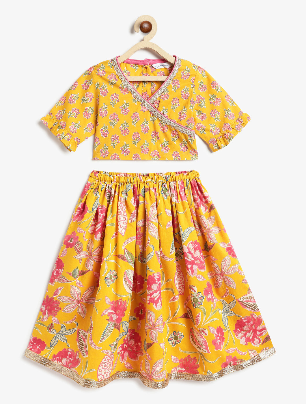 Campana Girls Heera Lehenga Choli Set - Floral Block & Jaal Print - Yellow & Pink