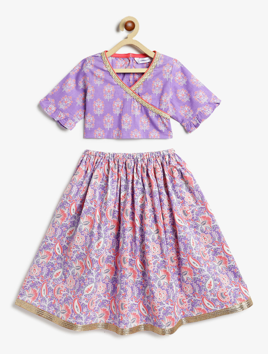 Campana Girls Heera Lehenga Choli Set - Floral Block & Jaal Print - Purple & Peach