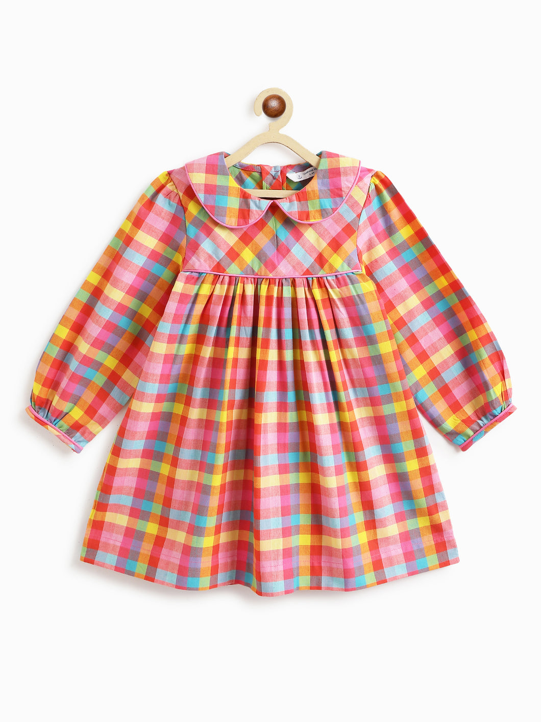 Campana Girls Callie Dress With Collar - Rainbow Checks - Pink & Multicolour