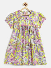 Load image into Gallery viewer, Campana Girls Callie Short Sleeves Floral Printed Dress With Collar - Lemon Yellow &amp; Pink
