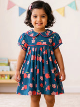 Load image into Gallery viewer, Campana Girls Callie Pure Cotton Floral Printed Dress With Collar - Navy Blue
