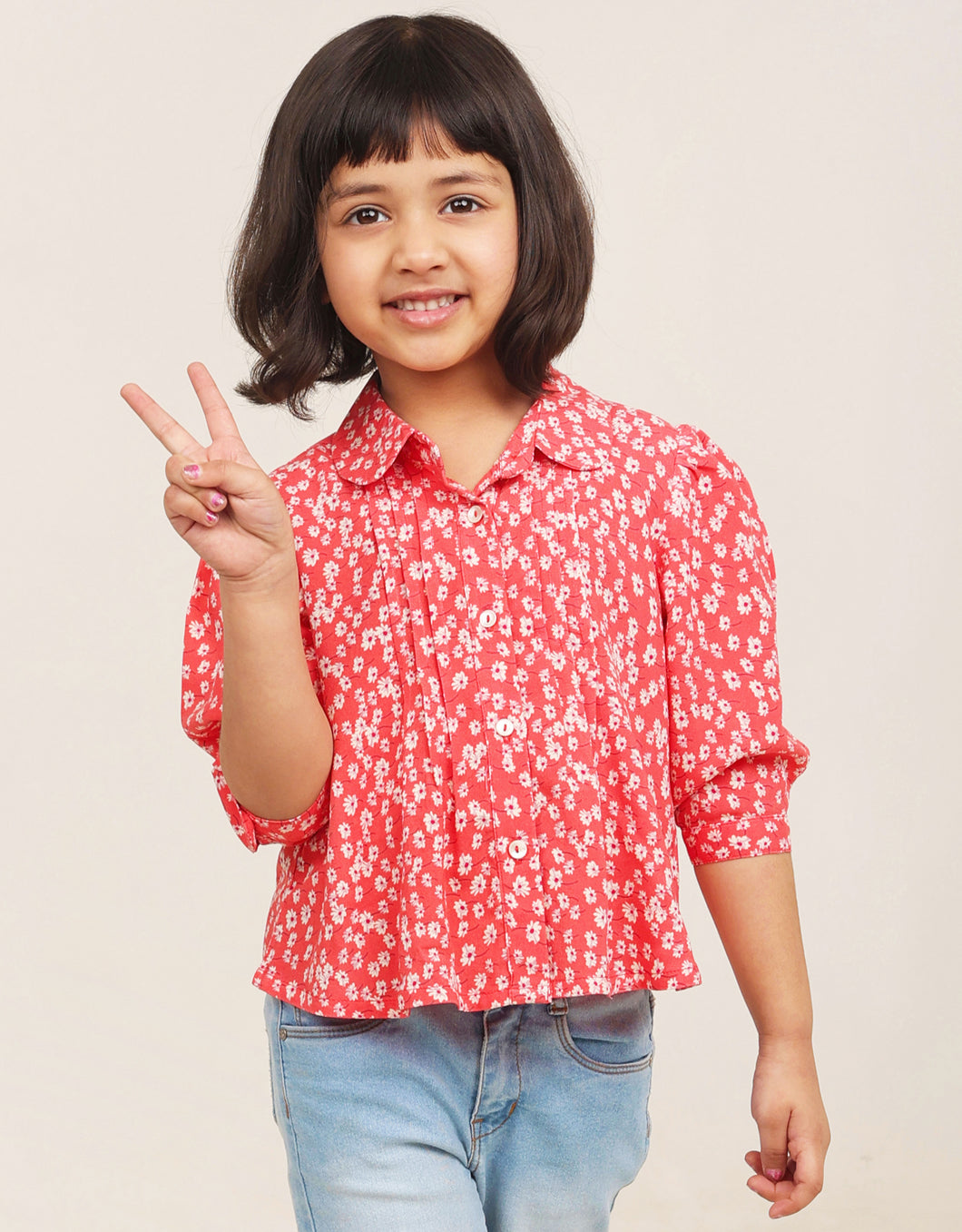 Campana Girls Aria Top with Collar - Micro Florals - Peach