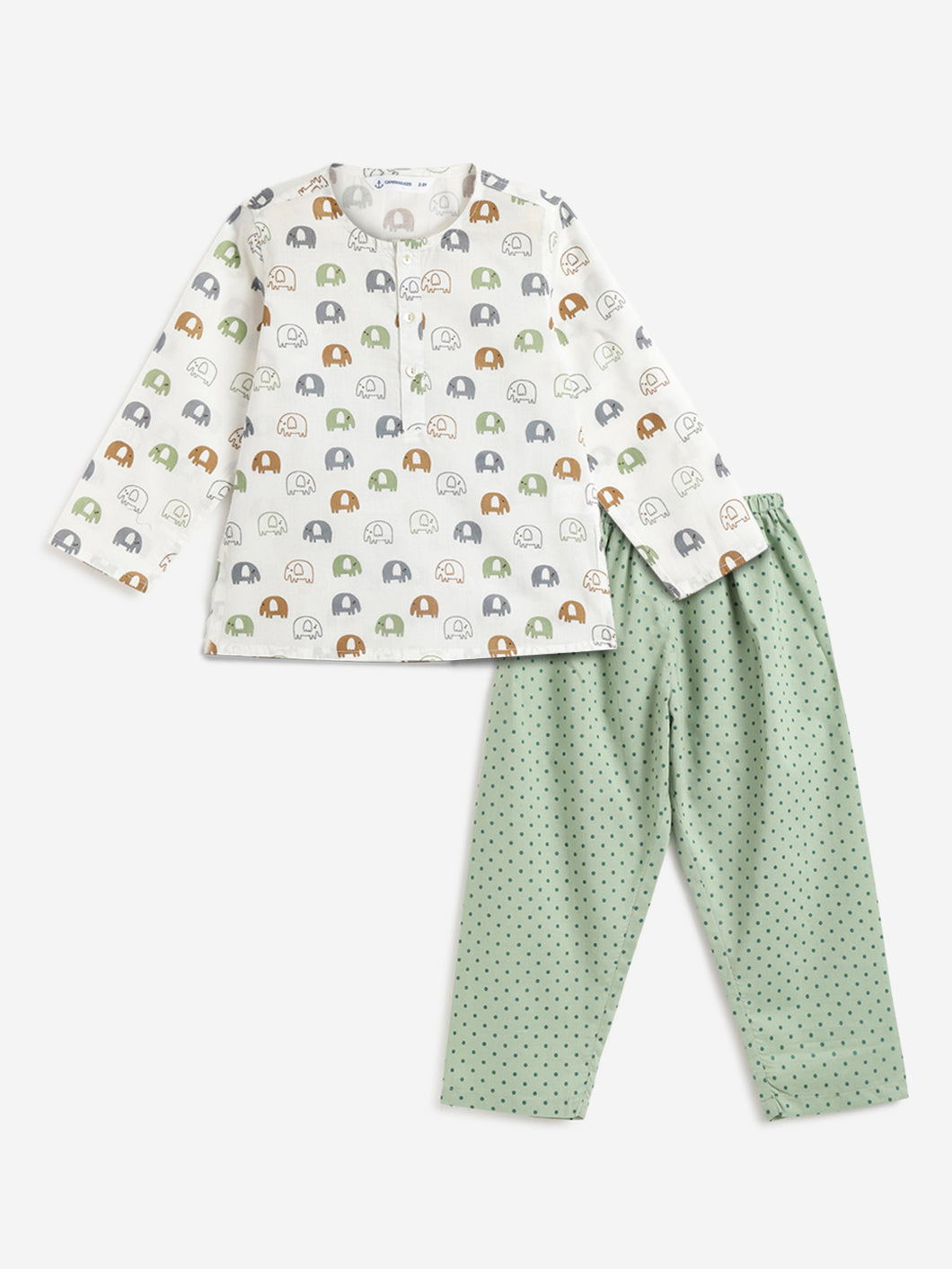 Campana Kids Appu Cotton Nightsuit - Baby Elephants Print - White & Green