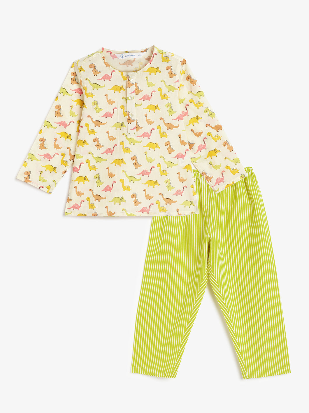 Campana Kids Appu Cotton Nightsuit - Dino Print - Off White & Lime Green