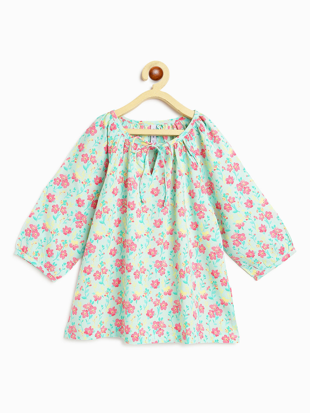 Campana Girls Nora Top with Tie Ups - Petit Flower Print - Sea Green & Pink