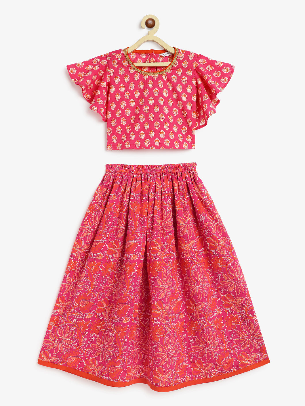 Campana Girls Gulnaz Lehenga Set - Blockprint & Jaal Print - Magenta