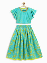Load image into Gallery viewer, Campana Girls Gulnaz Lehenga Set - Blockprint &amp; Jaal Print - Turquoise Blue &amp; Lime Green
