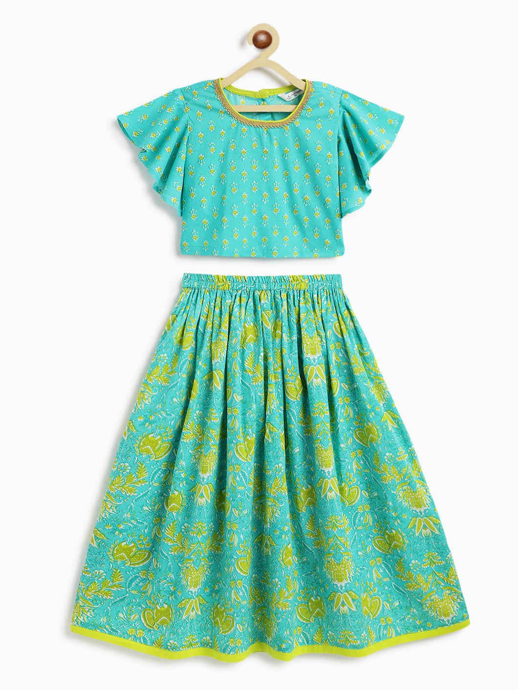 Campana Girls Gulnaz Lehenga Set - Blockprint & Jaal Print - Turquoise Blue & Lime Green