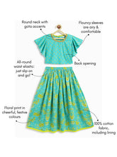 Load image into Gallery viewer, Campana Girls Gulnaz Lehenga Set - Blockprint &amp; Jaal Print - Turquoise Blue &amp; Lime Green
